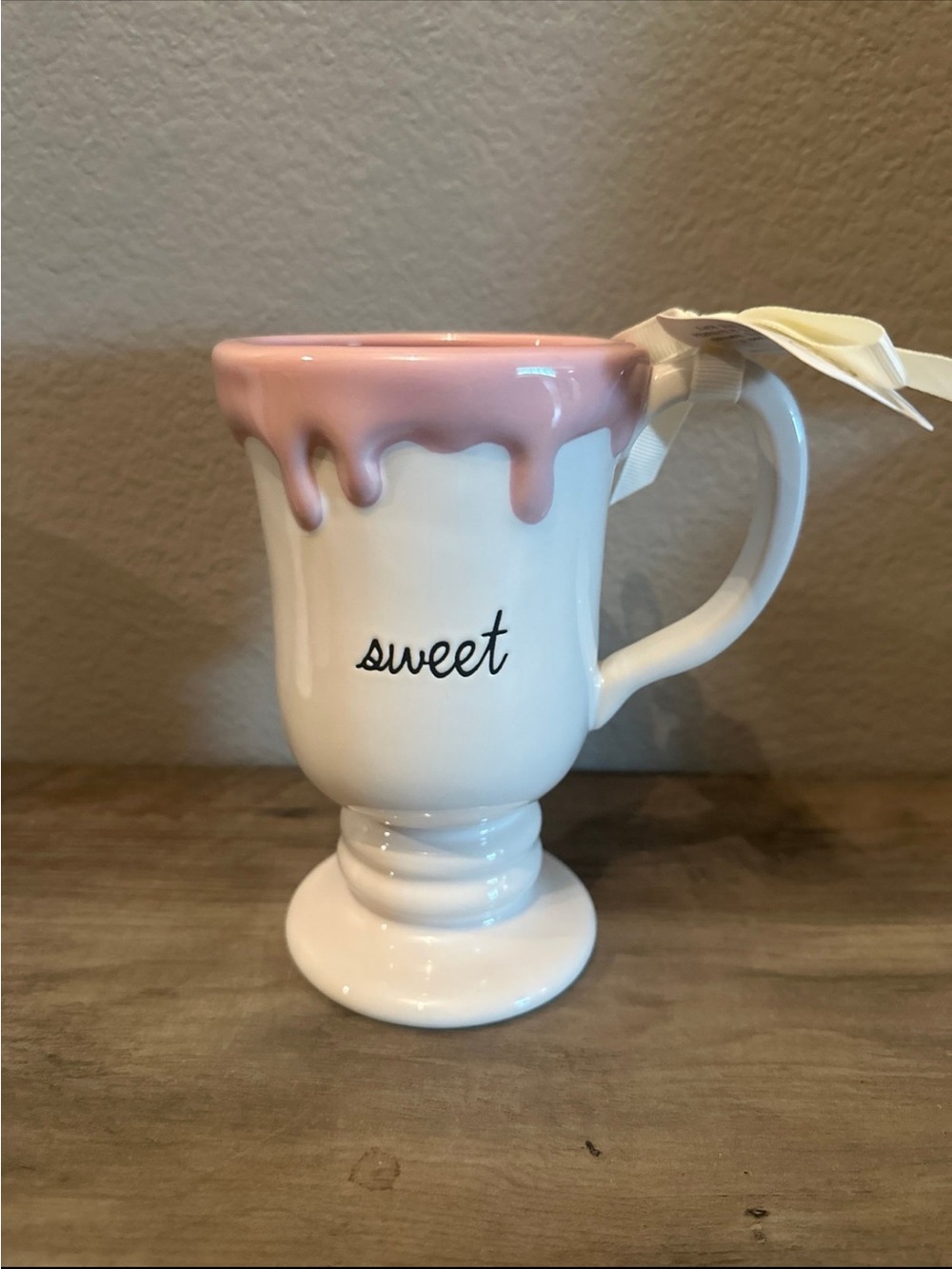 Rae Dunn White "sweet" mug with pink drip glaze and pedestal base